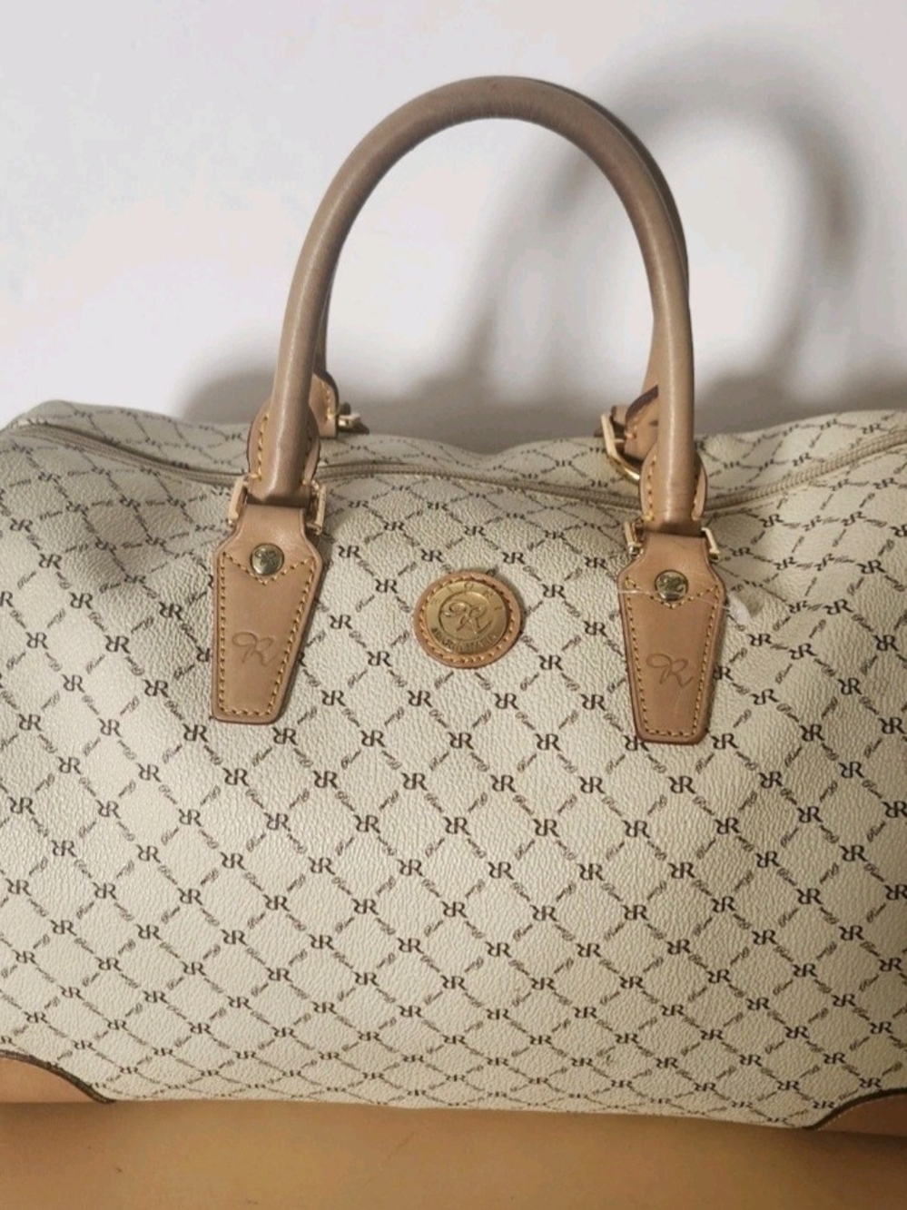 Rioni Beige Canvas Satchel with Tan Leather Trim